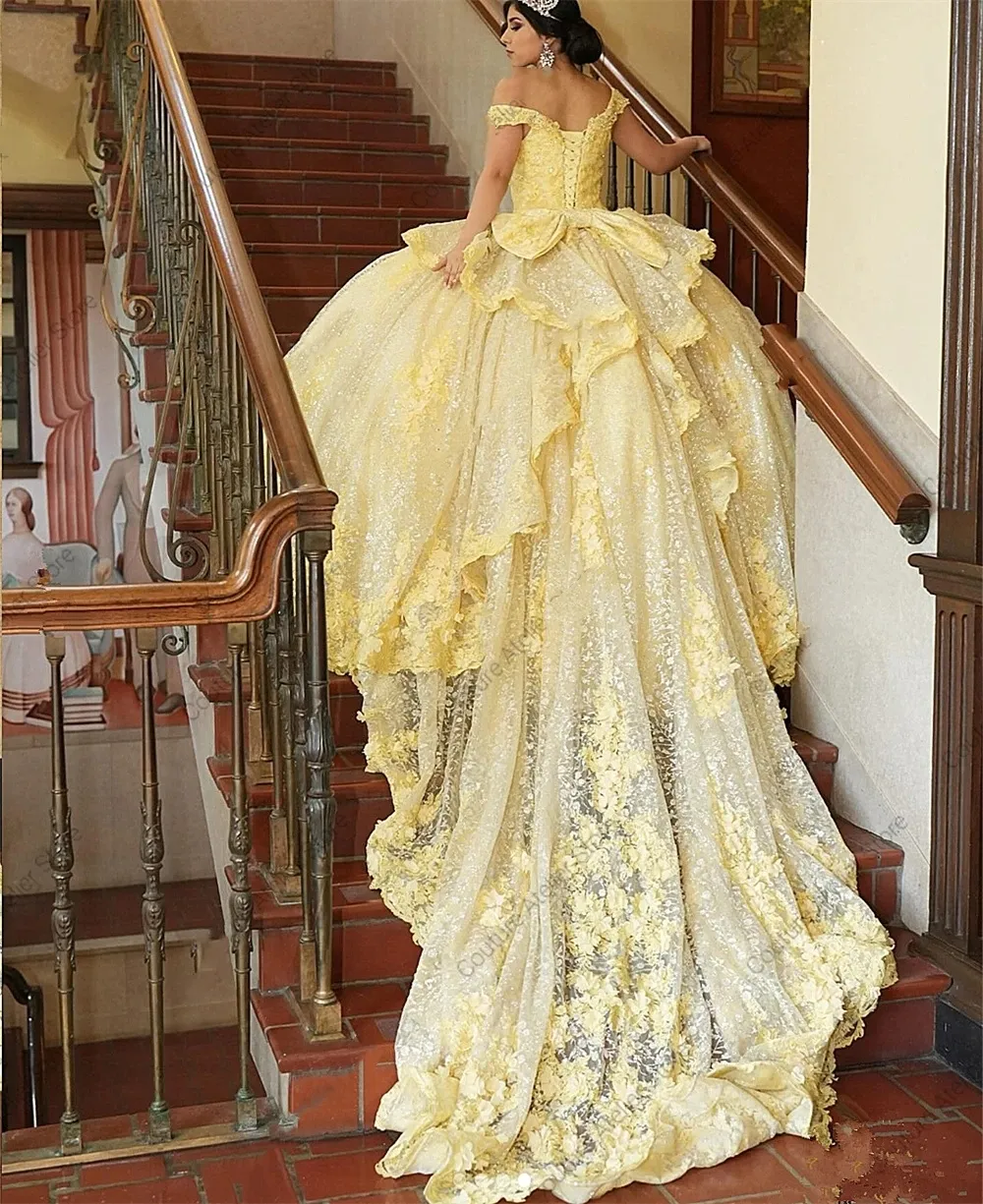 Save Big on Bulk Yellow Dress Quinceanera Elegant Yellow Lace Flowers Off  The Shoulder Ball Gown: Stunning Quinceanera Dresses For Sweet 16 Best