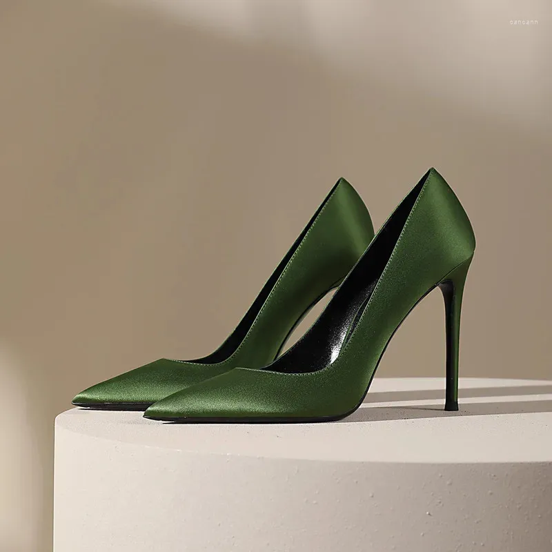 Dress Shoes Elegant Women Jade Green Silk Pumps Top Quality High Heels For Spring Summer Ladies Fashion Single Party Pointed Toe