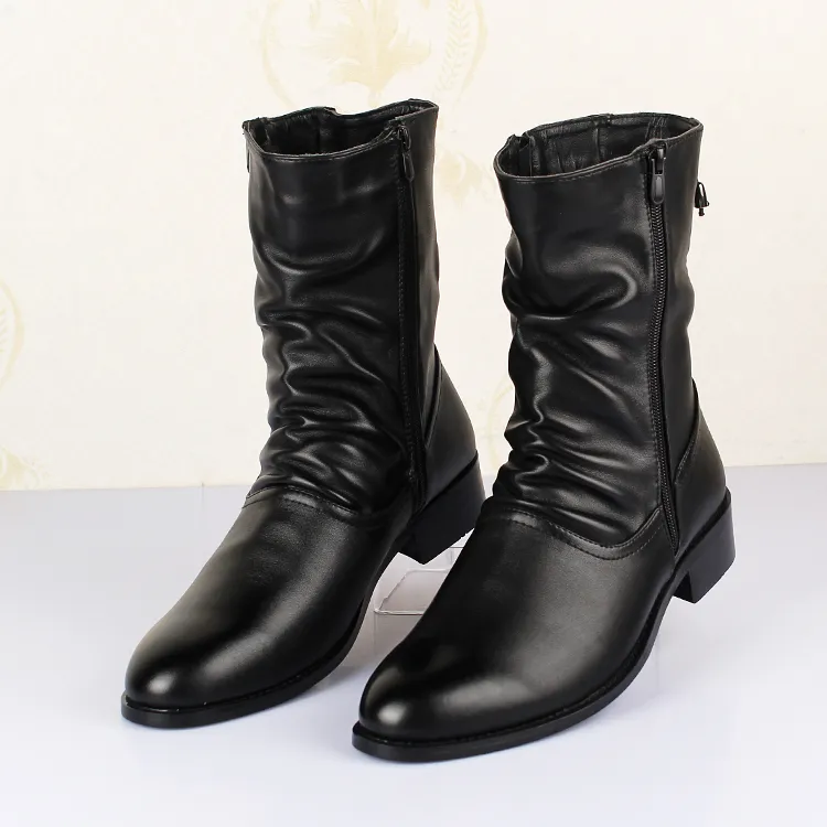 Men s Leather Mid Calf Winter justin s boots with Pointed Toe and Long Tube in Black