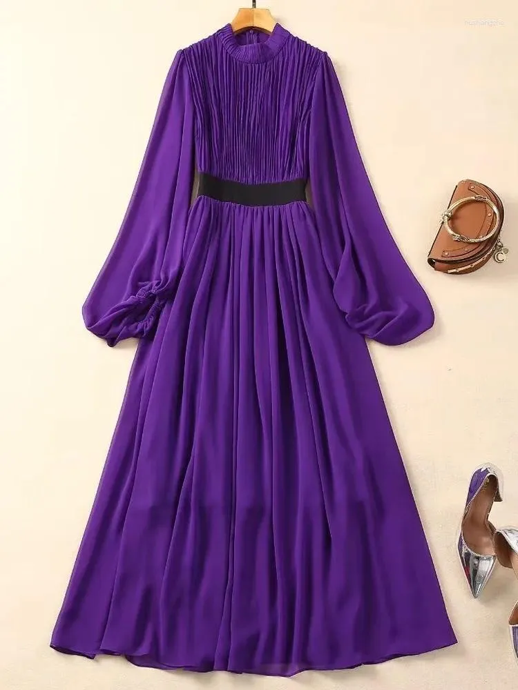Vintage Purple Chiffon Patchwork Pleated Maxi Dress with Lantern Sleeves - Perfect for Casual Occasions and Evening Parties