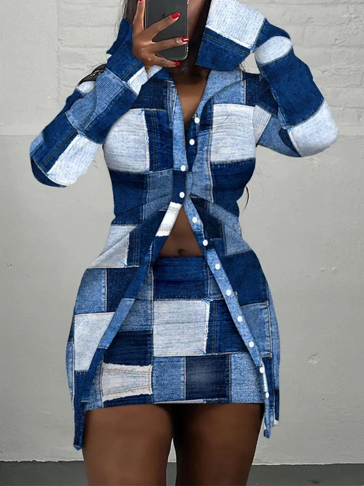 Two Piece Work Dress Set for Women with Button Closure and Ruched Denim  Look Print, Long Top and Skirt, Polyester Fabric from Dhgate Work Dresses -  price 31.82