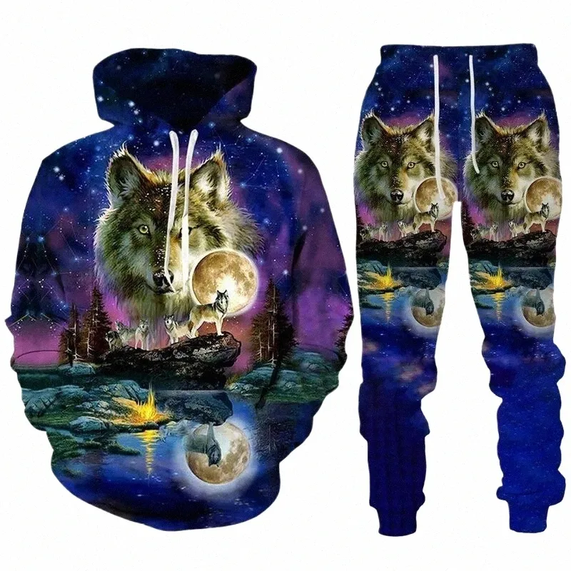 hiegi Wolf joggingpak sportpak heren capuchonpullover set 3D wolf