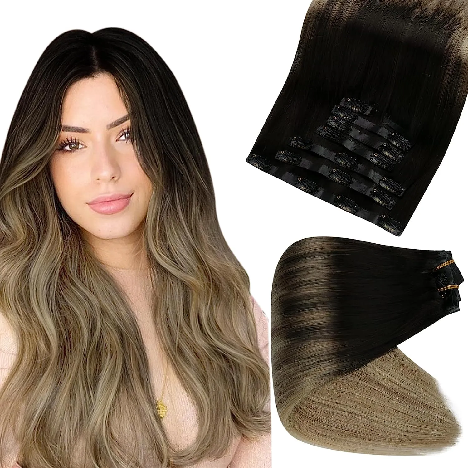Full Shine 24 Inch Black Human Hair Clip in Extensions Brazilian Human Hair Clip-In Hair Extensions - Off Black (24 inches, 240 grams) main image 4