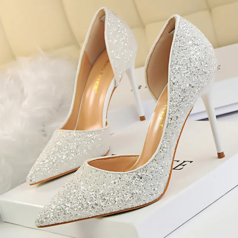 Elegante Champagne Trouwschoenen Pailletten Stiletto Hoge Hakken