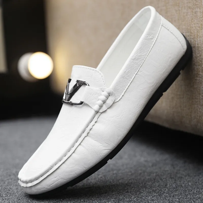 White Leather Driving Shoes for Men Breathable Slip On Loafers for Spring and Summer