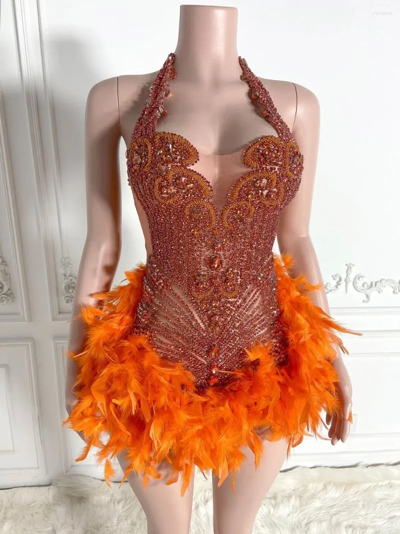Charming See Through Orange Feather Party Dresses for Women Sparkly Rhinestone Halter Birthday Gowns for Black Girls