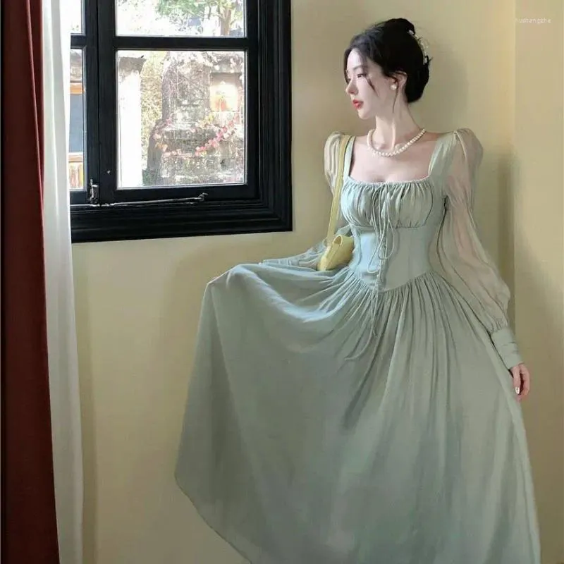 French Lantern Sleeve Lace-Up Midi Dress for Women - Elegant Casual Evening Party Prom robe in Square Neckline for Autumn French Lantern Sleeve Lace-Up Midi Dress for Women - Elegant Casual Evening Party Prom robe in Square Neckline for Autumn