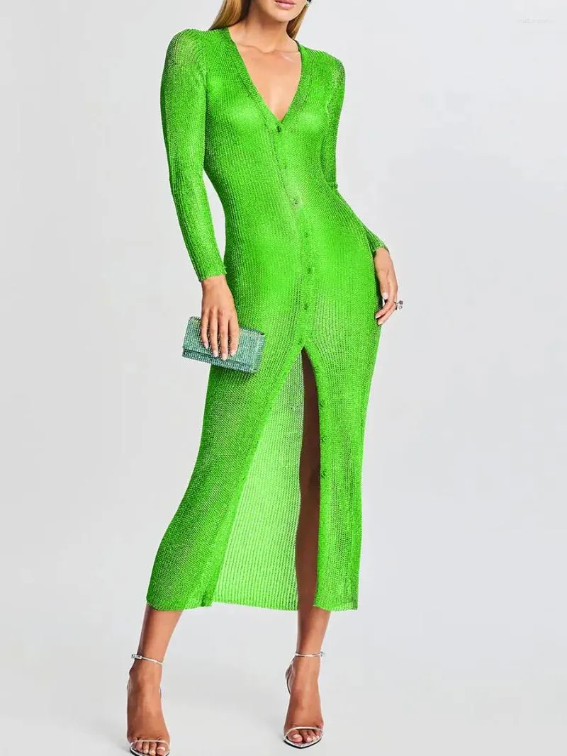 Women's Button Down Long Cardigan dress with Deep V-Neck and Solid Color Knit Bodycon for Casual and Party Wear