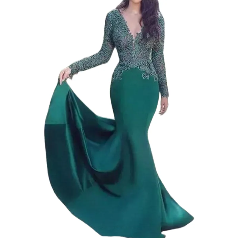 vera wang bridesmaid dresses Elegant Long Dark Green One Shoulder Long Sleeve Split Prom Dresses With Lace main image 1