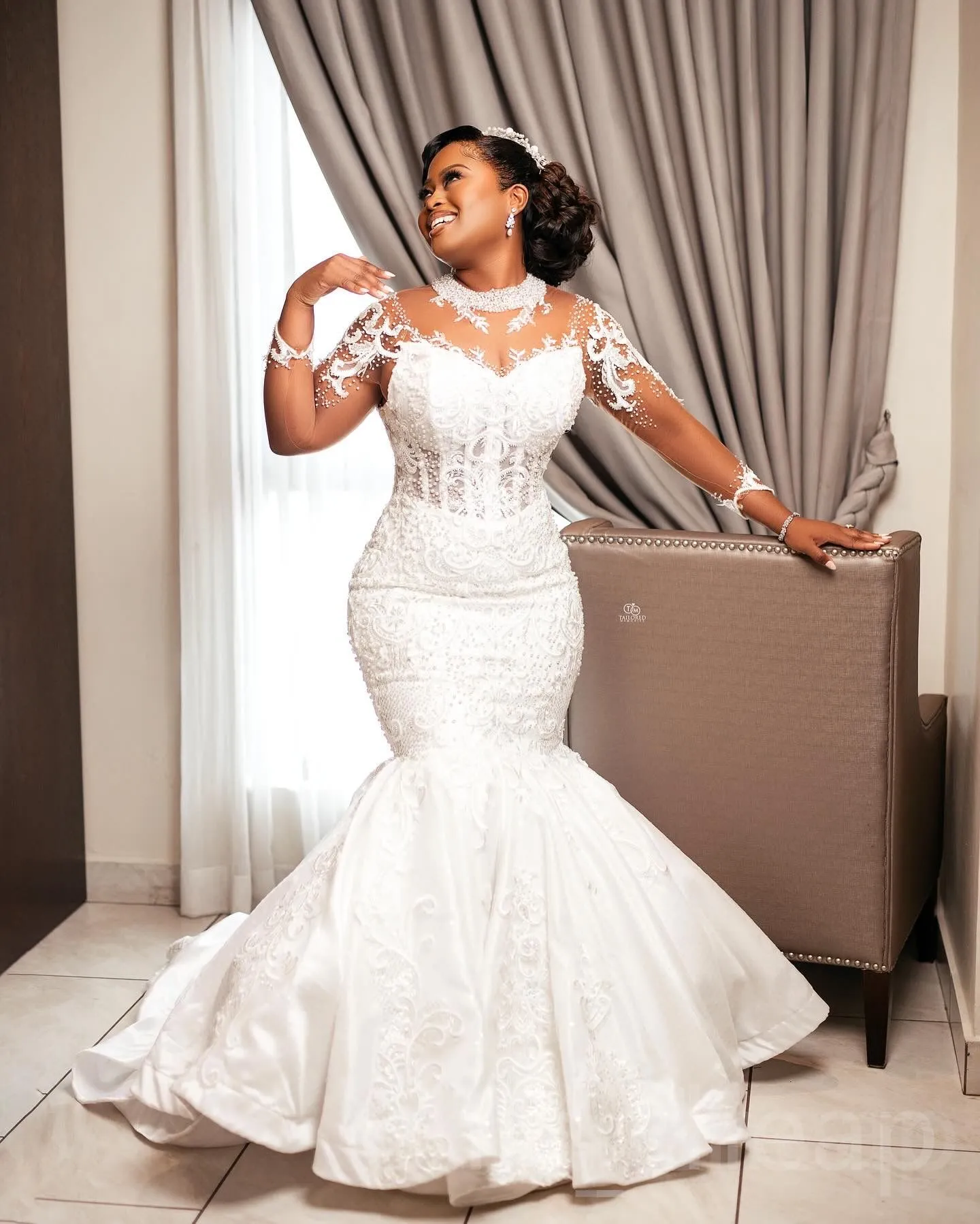 Arabic Aso Ebi Plus Size White Mermaid Wedding Dress Pearls Beaded