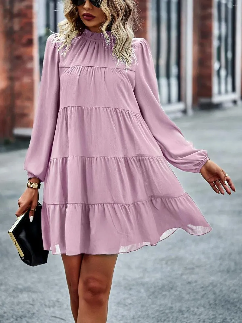 Flowy Solid Color Mini Babydoll Dress with Ruffle Muff Neck and Tiered Skirt - Casual and Long Sleeve for Women