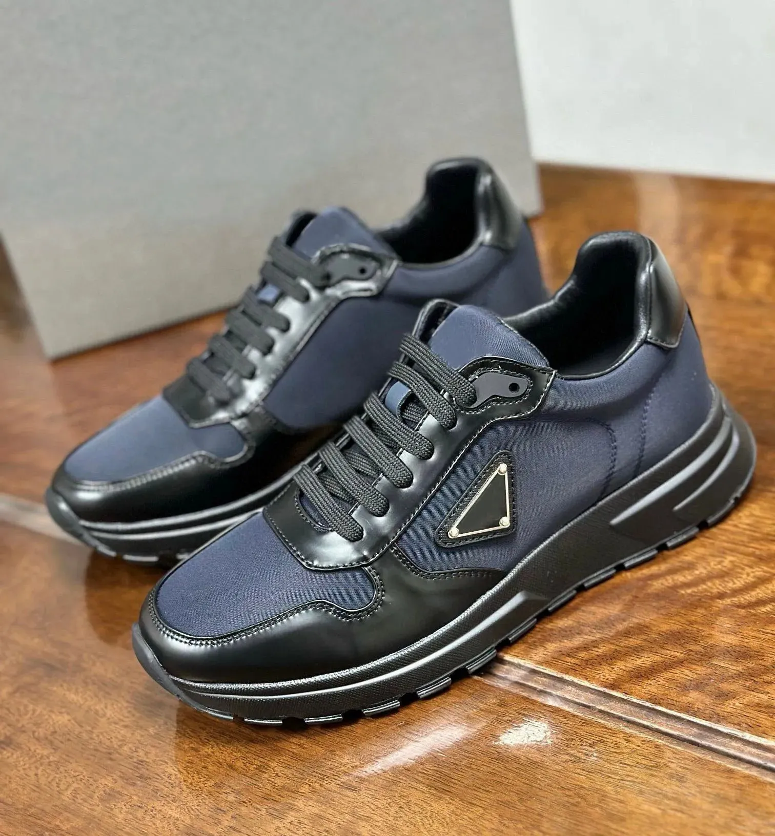 Men s Casual Leather Sneakers Navy Blue Patchwork Chunky Sole Comfortable Walking Shoes