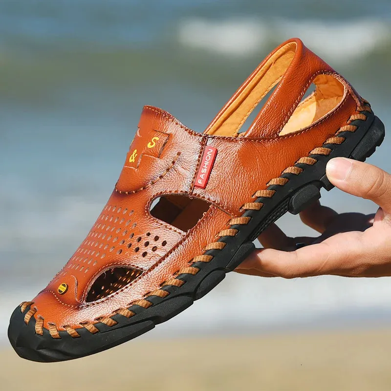 Men\'s Flats Sandals Handmade Genuine Leather Shoes Non Slip Outdoor Beach Shoes Hot Sale Summer Men main image 3