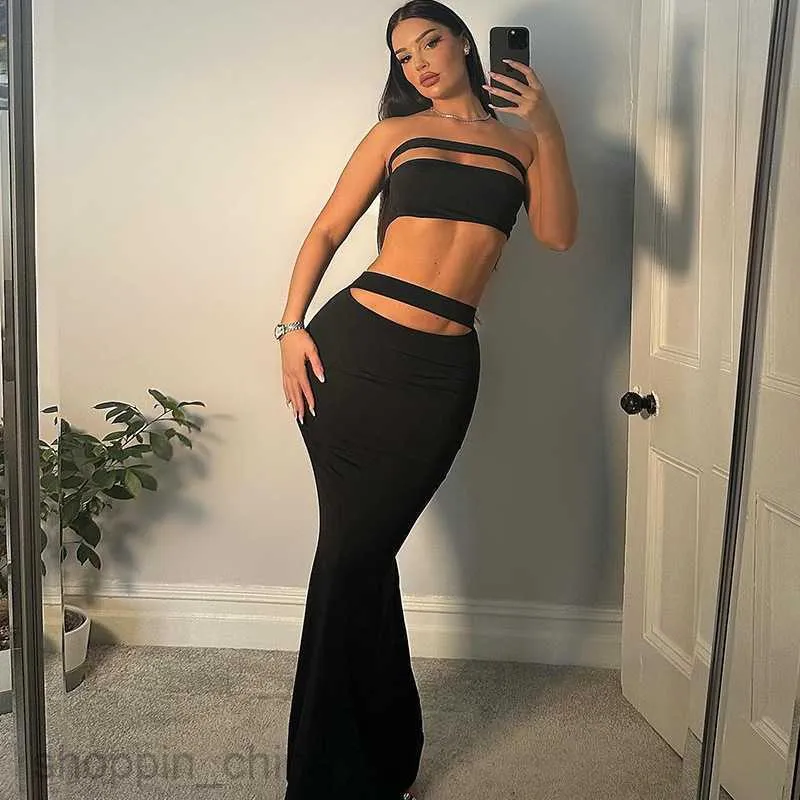 Save Big on Bulk Casual Two Piece Outfits Basic Casual Women Dresses Sexy  Hollow Wrap Chest Solid Color Fitting Two Piece Long Skirt Street Style |  ...