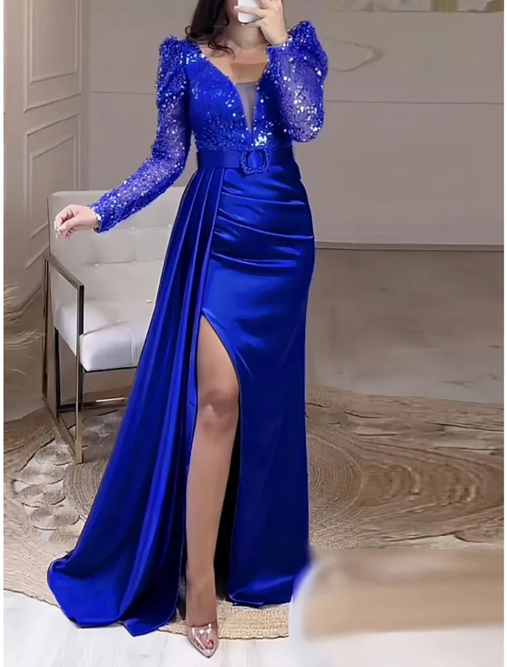 green emerald velvet dress Navy Blue Long Sleeves Prom Dress Split With Appliques – Newinlook main image 0