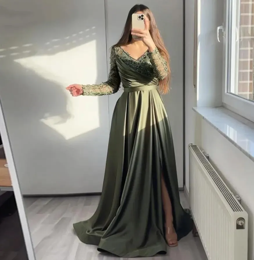 Olive Green A-Line Satin and Lace Evening Dress for Women with Long Sleeves  and Beaded Lace Embellishment from Dhgate Evening Dresses - price 62.82