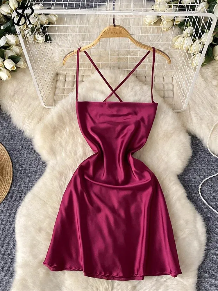 Casual Satin Dress for Women Knee-Length Spaghetti Strap Lace Up Backless  Zipper Polyester Summer from Dhgate Basic & Casual Dresses - price 27.17