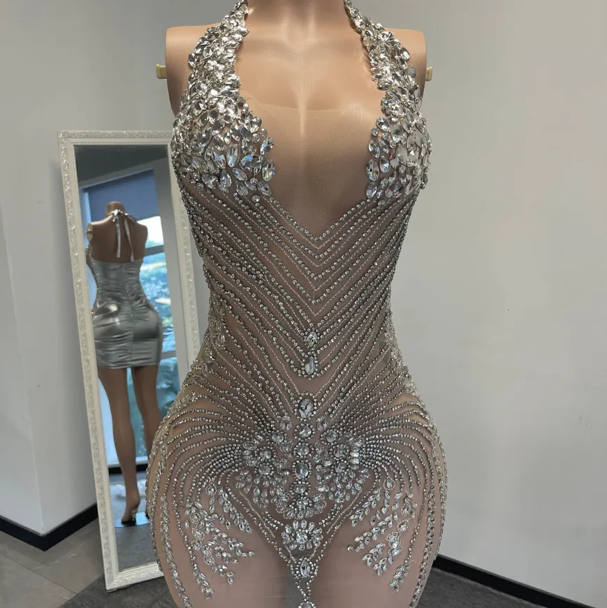 graduation dress silver Shiny V Neck Backless Silver Grey Long Prom Dresses, Silver Grey Backl –  morievent main image 1