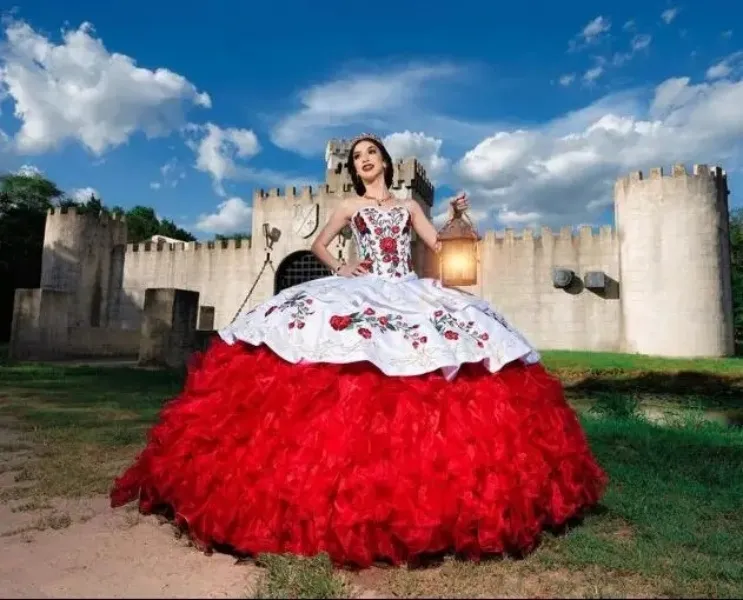 White And Red Mexican Charro Mexican Red Quinceanera Dresses With ...