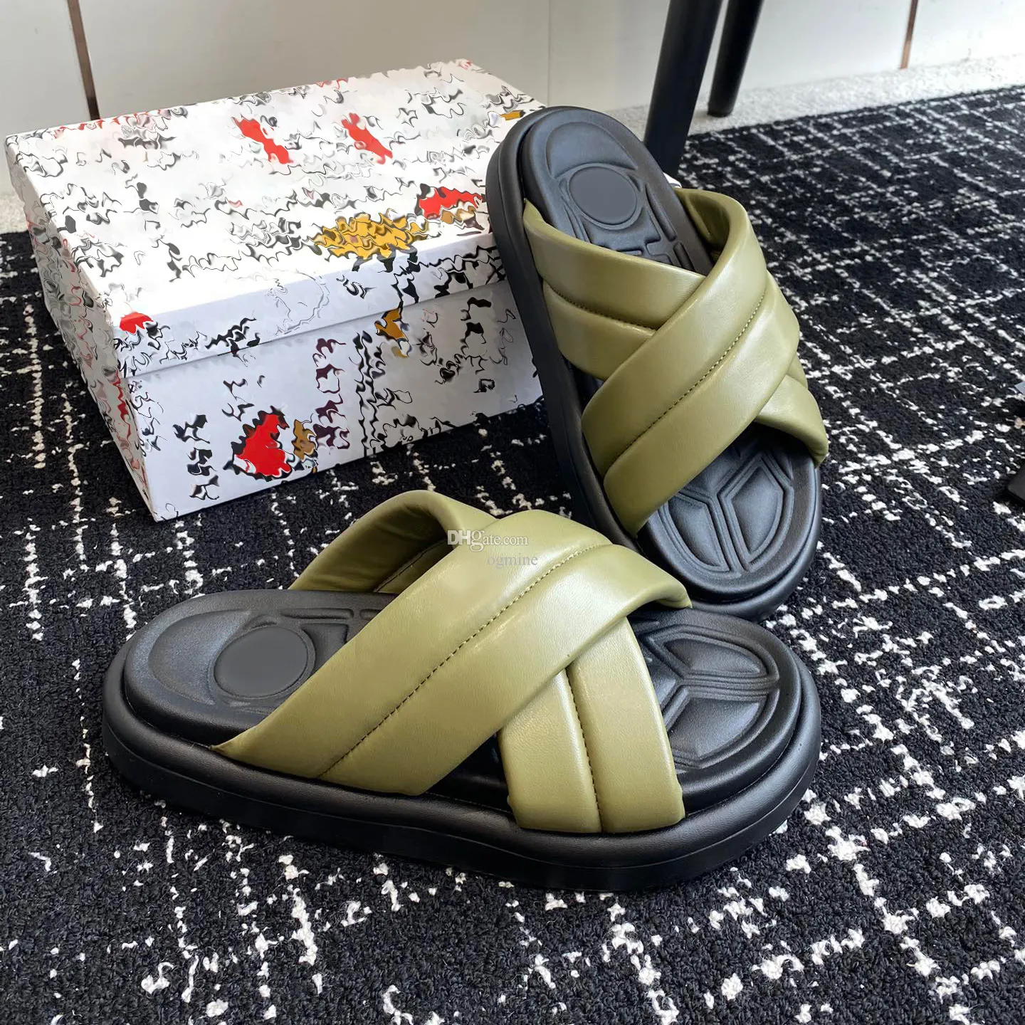Mens Box Calfskin Leather Beach Sliders with Rubberized Sole 