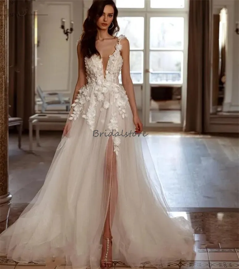 Boho Beach Wedding Boho Wedding dress with 3D Flowers Lace, A-Line Sleeveless Split, Spaghetti Straps, Tulle - Fairy Country Garden Bride Robe Mariee