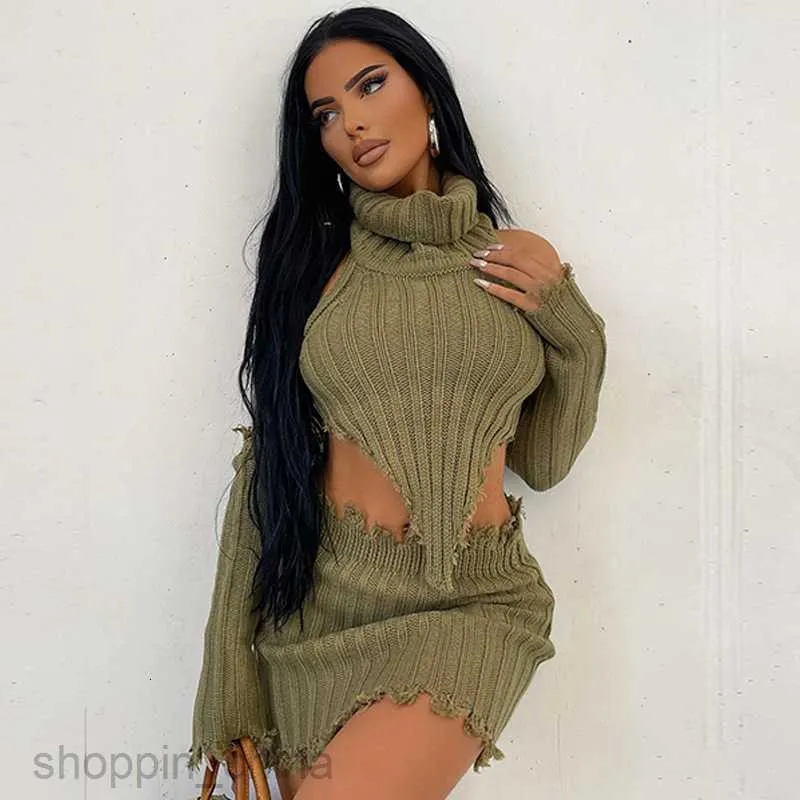 Sexy 2 Piece Dress Blue Set with Sweater, Wrap Chest, High Collar, and Irregular Short Skirt for Women