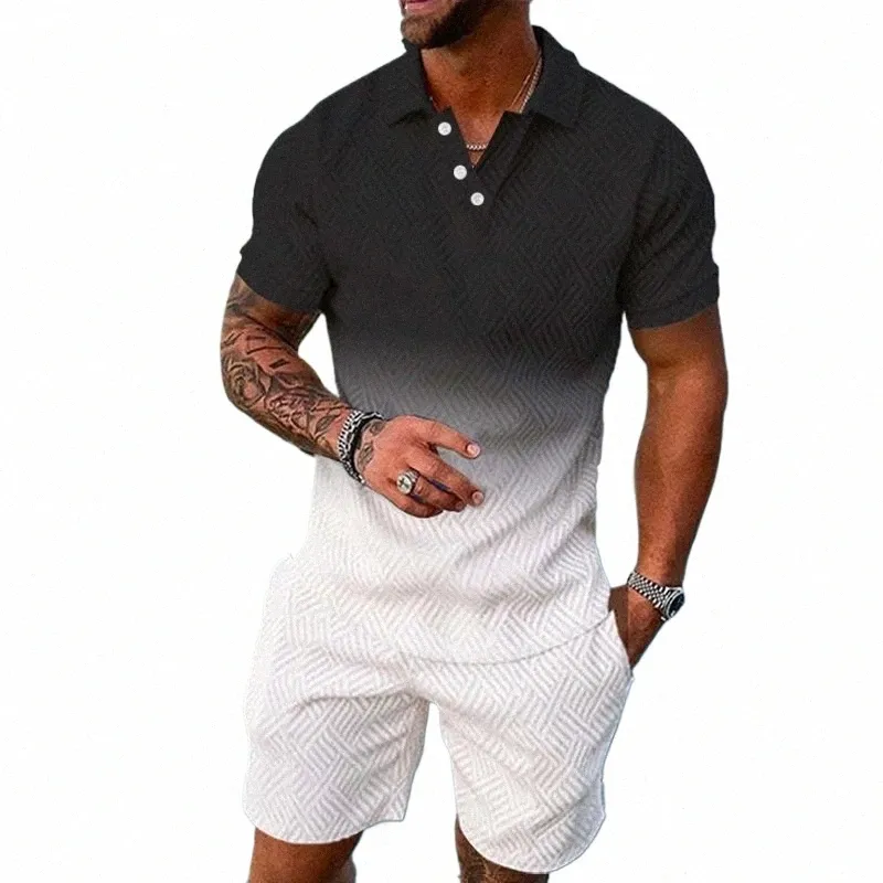 3D Gradient Color Polo Shirt Shorts Set: Summer Soft Cool Mens