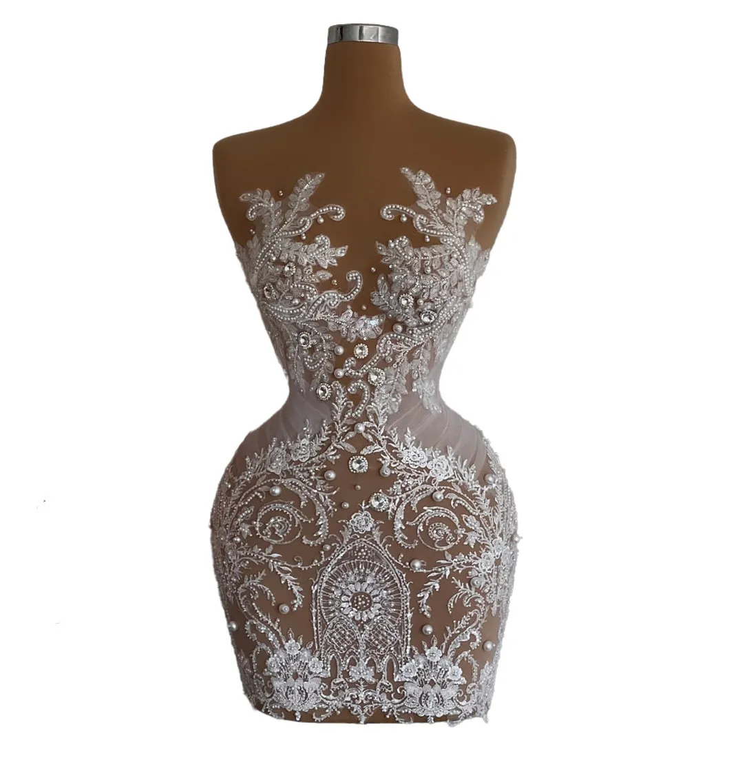 White Lace Sheath White beaded cocktail dress with Pearls and Sheer Neckline - Perfect for Prom, Evening Parties, Graduations, Homecoming, Birthdays, White Lace Sheath White beaded cocktail dress with Pearls and Sheer Neckline - Perfect for Prom, Evening Parties, Graduations, Homecoming, Birthdays,