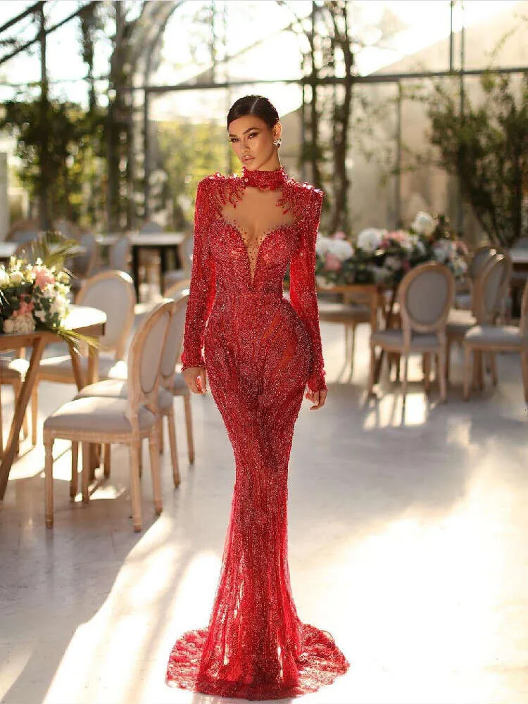 red long sleeve two piece prom dress High Neck Long Sleeve Two Piece Prom Dresses Mermaid Lace Formal Evening Gown