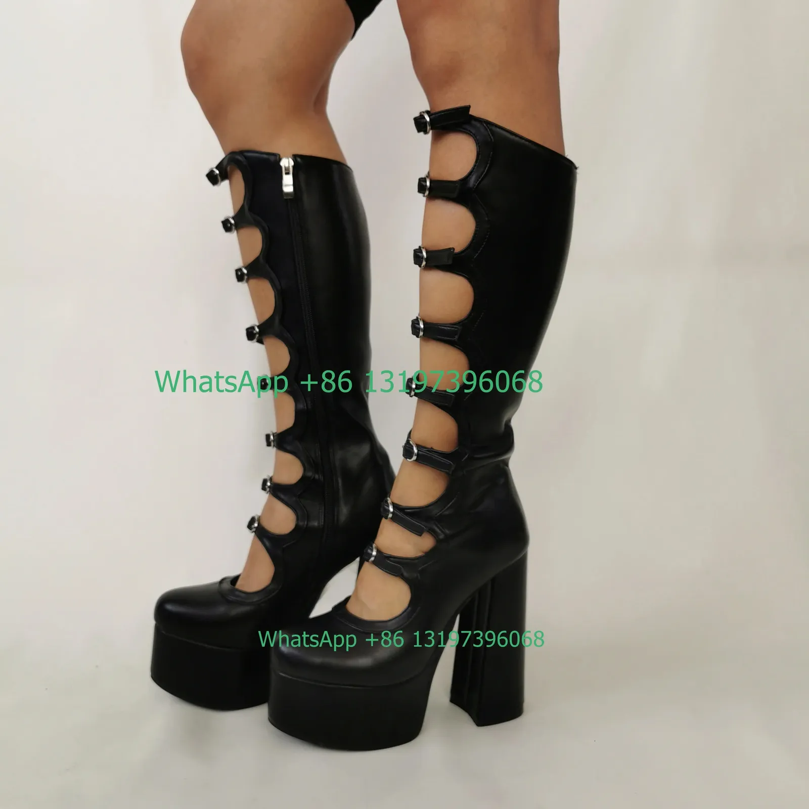 DHgate.com:Black Side-Zip Calf Boots with Chunky Heels