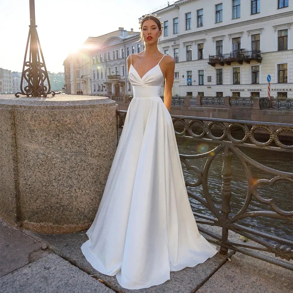 navy blue dress for baby girl Spaghetti-Strap Sheath Wedding Dress With Slit On The Skirt And Open Back main image 1