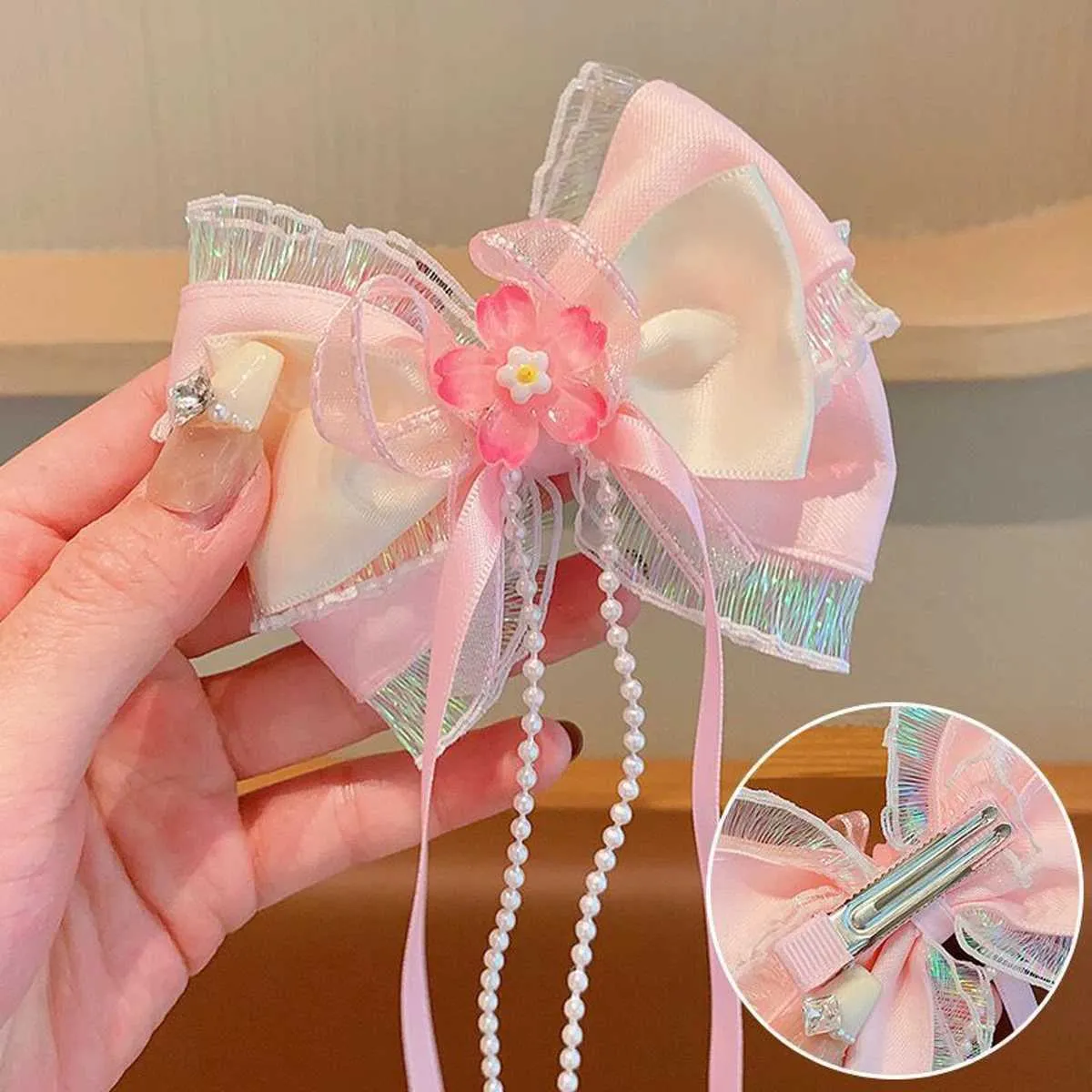 Long Ribbon Bow Hair Clip with Pearl Tassels Decorative 