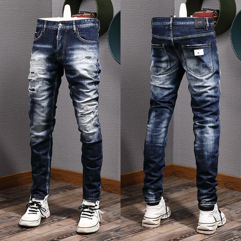 Mens Ripped Jeans Slim Fit: Distressed Denim Pants With Damage