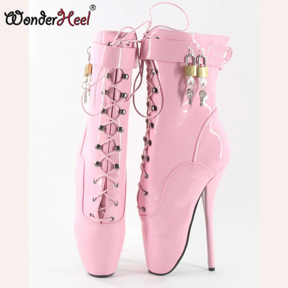 Bulk Wonderheel 7 Spike High Heel Ankle Boots Pink Shiny Ballet Pink Shoes For Women With Locked Padlocks For Sexy Fetish Women From Comfortableshoeskq8 58.04 DHgate.Com