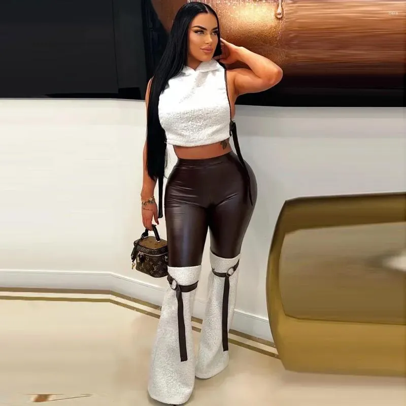Crop Tops Leather Piece Outfit Lace-Up Leather Crop Top Pants