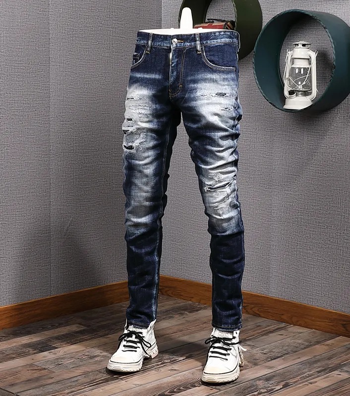 High End Senior Jeans Destroyed Damage Mens Hole Wash Pencil Leg Slim Denim Cotton Nice Quality Top Fashion Autumn Winter Style Slimming Minimalist