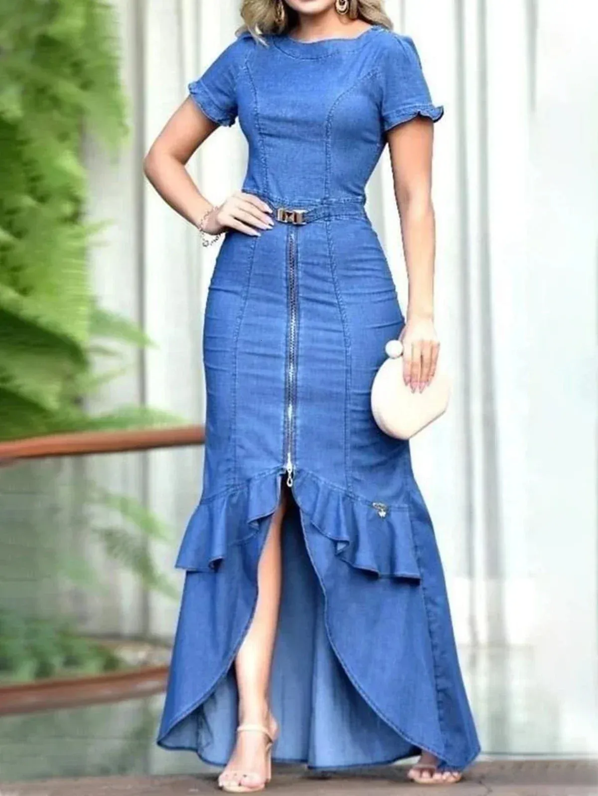 white christmas dresses Women's Denim Smocking Off Shoulder Mermaid Dress main image 1