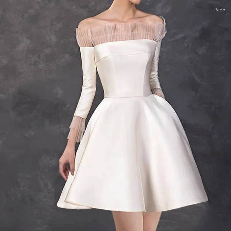 knee length dresses for ladies Kasya Cream Satin Long Sleeve Mini Dress - US 6