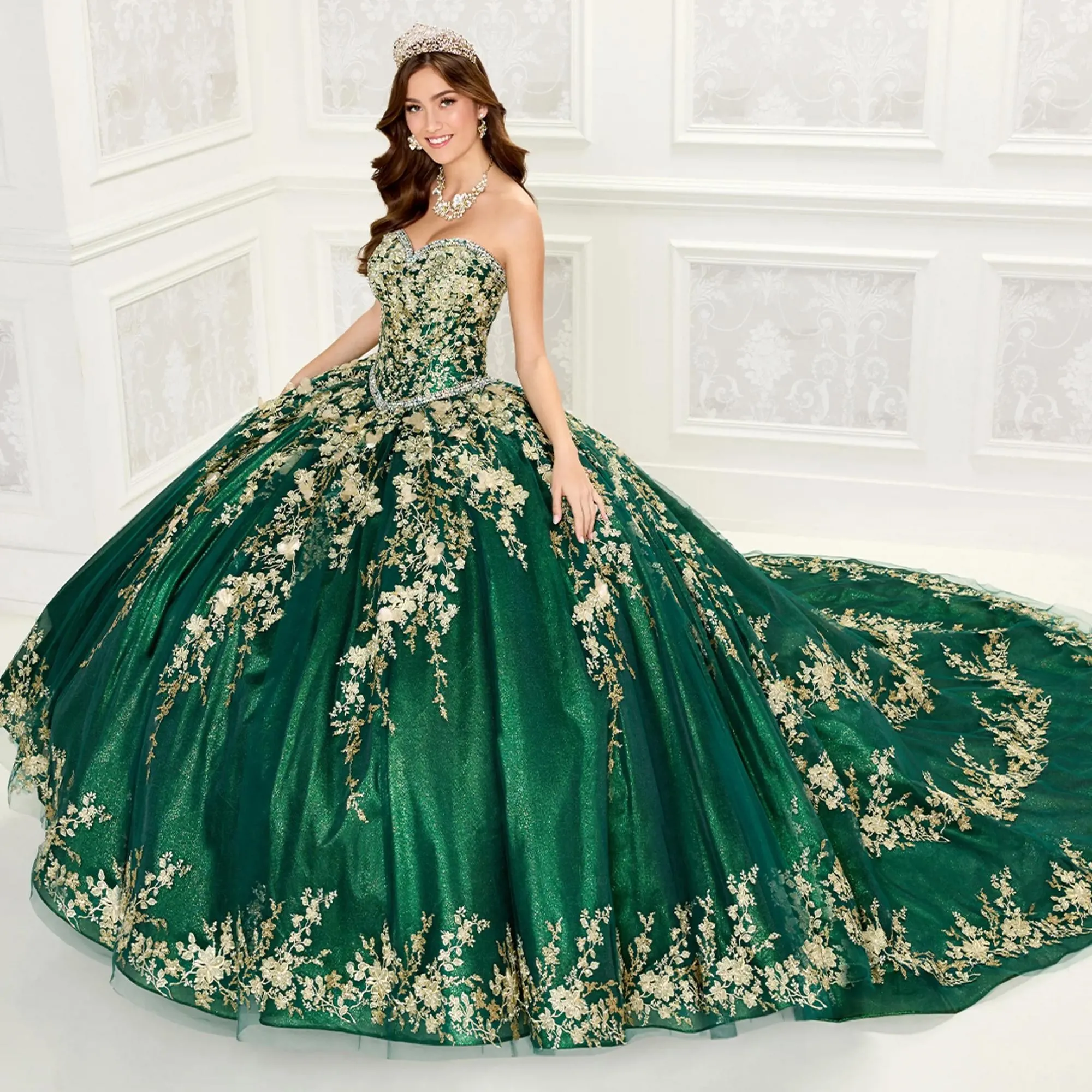 Dark Green Quinceanera Dress Puffy Sweetheart Charro Gown with Sparkly Appliques