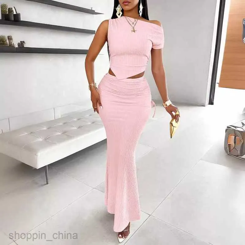 Summer Women's Solid Color sleeveless two piece dress Set with Cinched Pleated Long Skirt and Single Shoulder Top