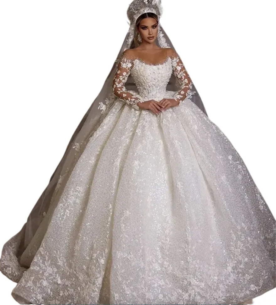 Abito Da Sposa In Pizzo A Maniche Lunghe Con Paillettes E Perle