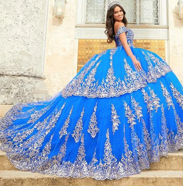 Royal Blue Mexican Quinceanera Dresses Puffy Tulle Appliques Ball Gown