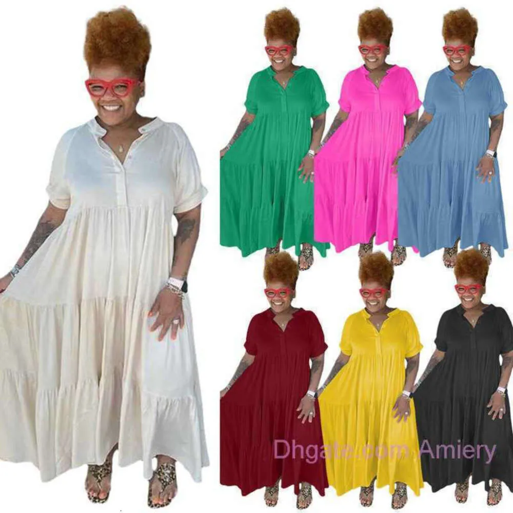 Womens Plus Size Flowy Maxi Dress Casual With Button Lapel Fashionable Solid Color Short Sleeve Long Dress Skirt For Ladies In 3XL 4XL And 5XL Sizes From Amiery 7.3 In Bulk