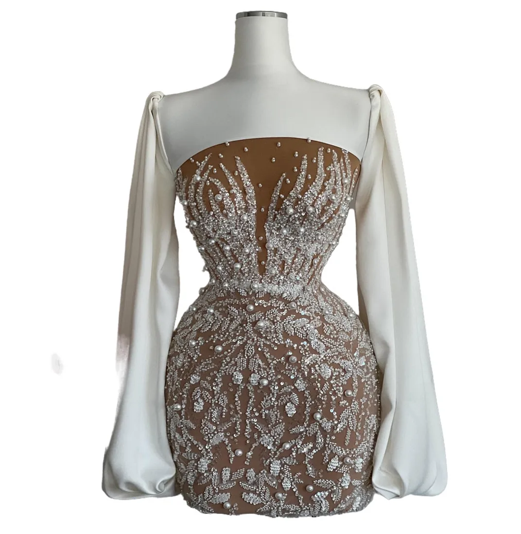 white christmas dresses Mini Dress Women Sequined Surface with Feather Detail Design Feature White / L main image 1