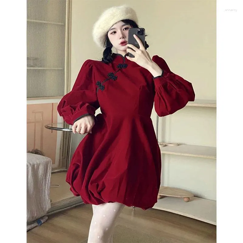 Red High-Waisted Vintage Gothic Dress with Long Sleeves for Women - Perfect for Christmas Parties and Casual Occasions