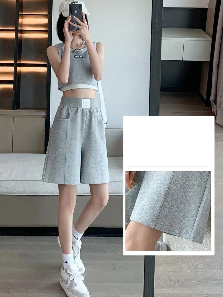 DHgate Comfy Elastic Waist Cotton Joggers Shorts for Women Casual Summer Knee Length Gray Sweatpants Apparel