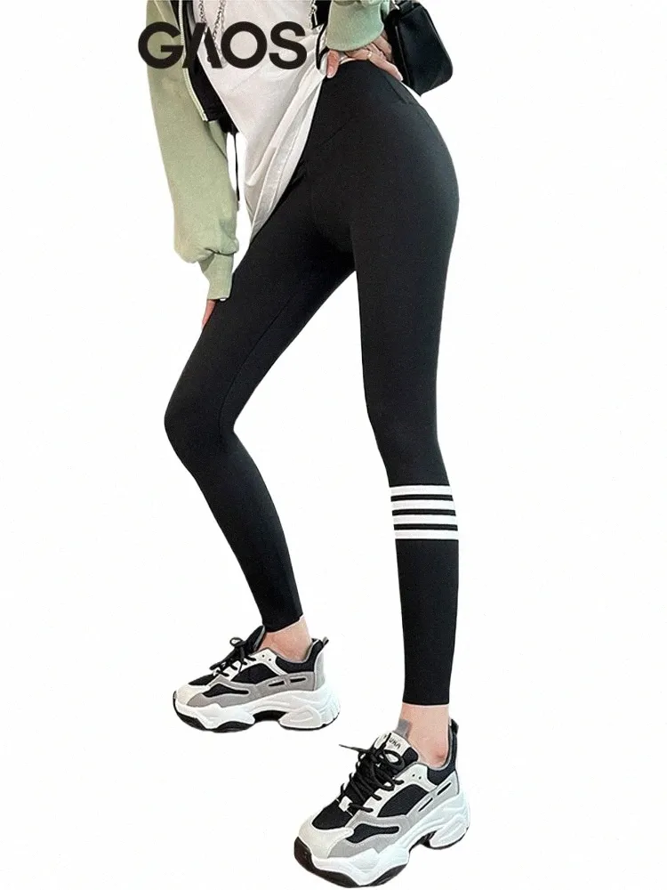 Luminous Sharkskin Leggings for Women Reflective 4 Stripes Skinny Sexy Black Sport Leggings