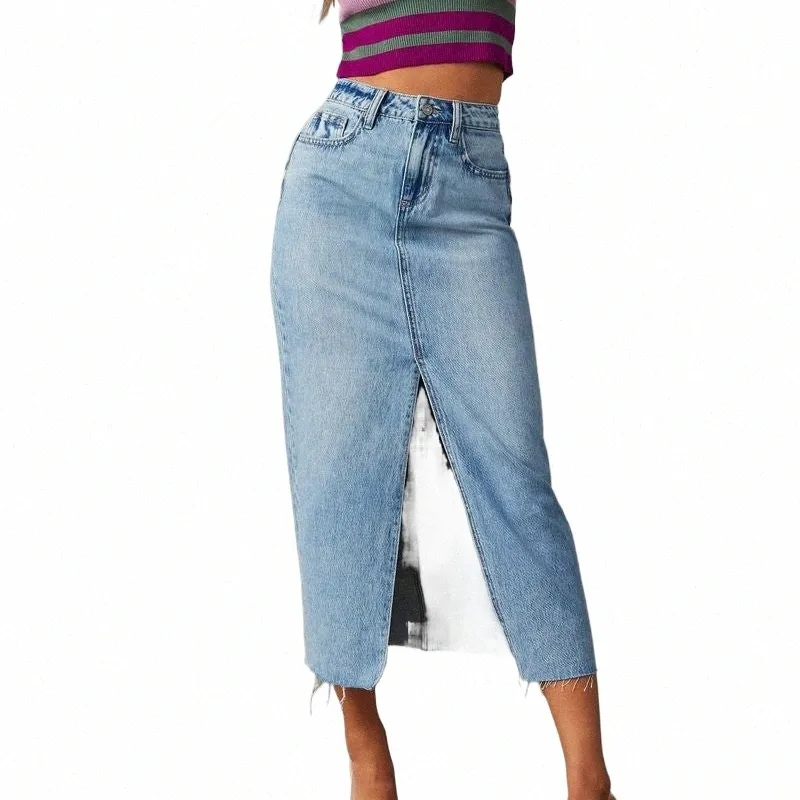 Denim Midi Skirt Casual Loose Jean Skirt for Women Summer Vintage  Elegant Fi Skirt u5wQ#