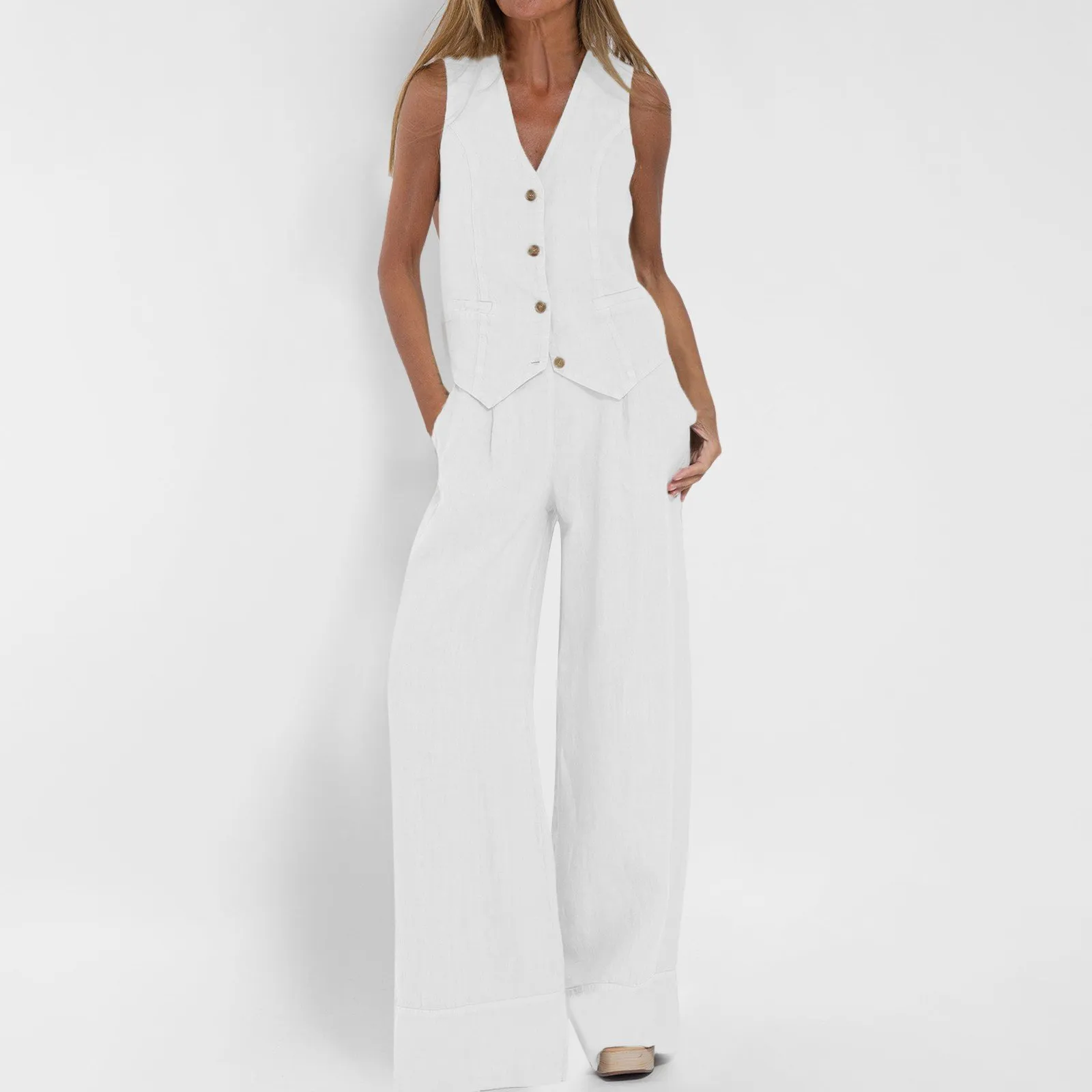 Women's Cotton Linen Suit Shirt Loose Pants Set Long Sleeve Casual Sets Summer