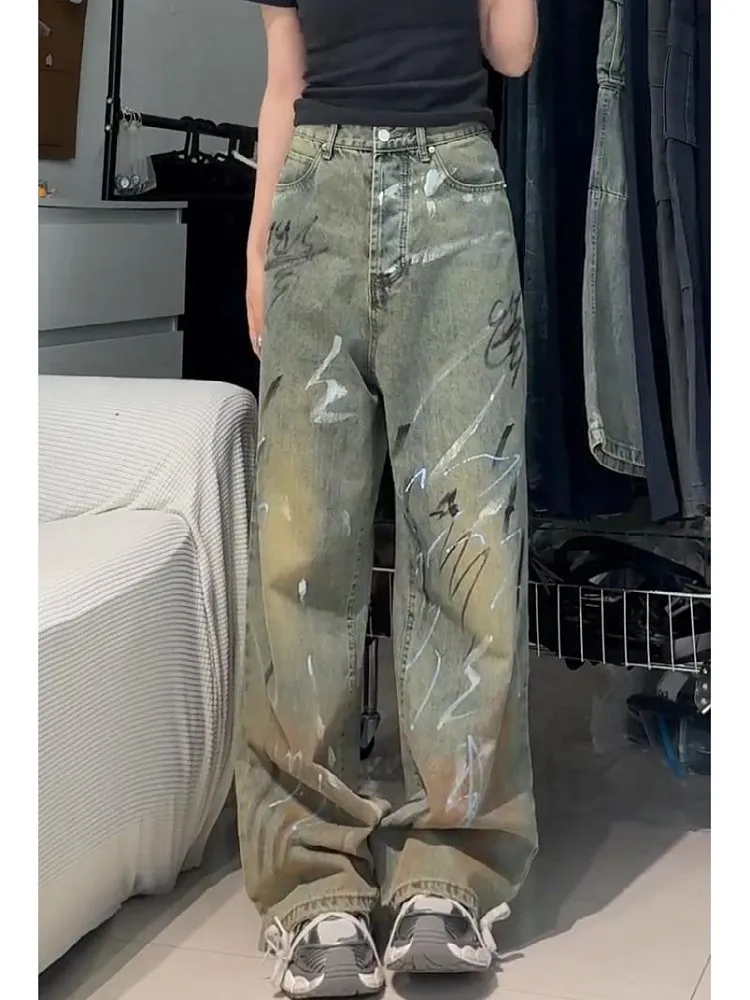 Graffiti Jeans Oversize Blue Denim Baggy Pants Y2K 2000s Style